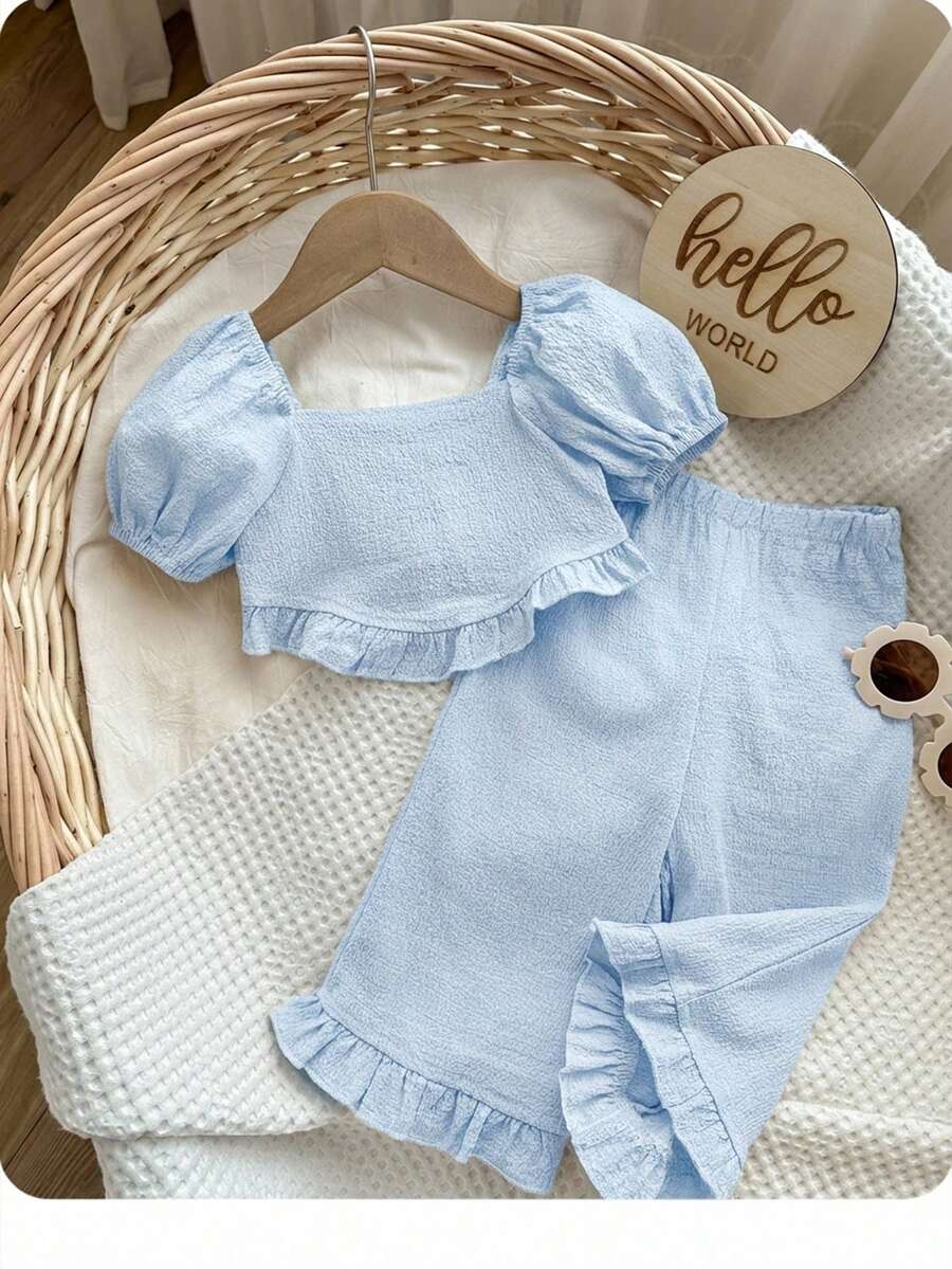 SHEIN 女婴夏季可爱纯色短袖上衣和裤子套装 - 淺藍色 - 查看 1