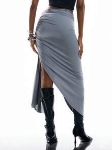 Airlisse Damen einfarbiger Plissee-Volant-Design Lässig vielseitig Ausflug Sommer Rock - Graublau - Übersicht 4