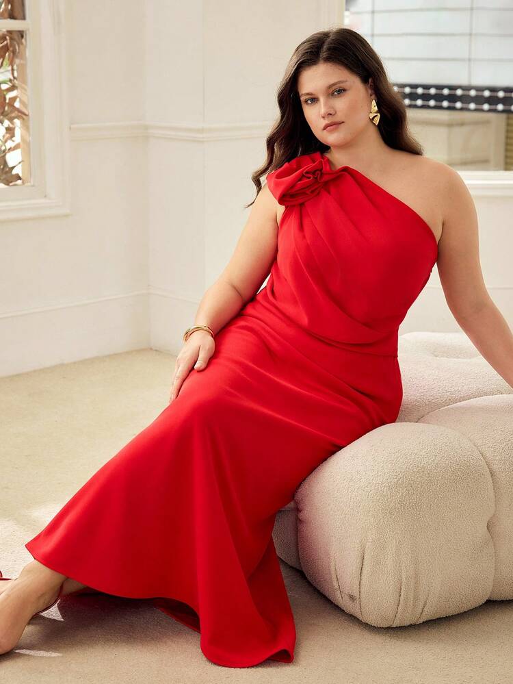 PLUS SIZE ASYMMETRIC ONE-SHOULDER FLORAL KNOT STRUCTURED FISHTAIL ELEGANT DRESS
