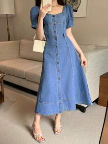 Vestido de mezclilla para mujer con cuello cuadrado, mangas con volantes y botones lavados - Azul lavado medio - Ver 4