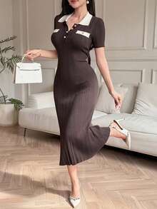 Women's Elegant Colorblock Lapel Faux Pocket Sweater Dress, Spring/Summer - Brown - View 3