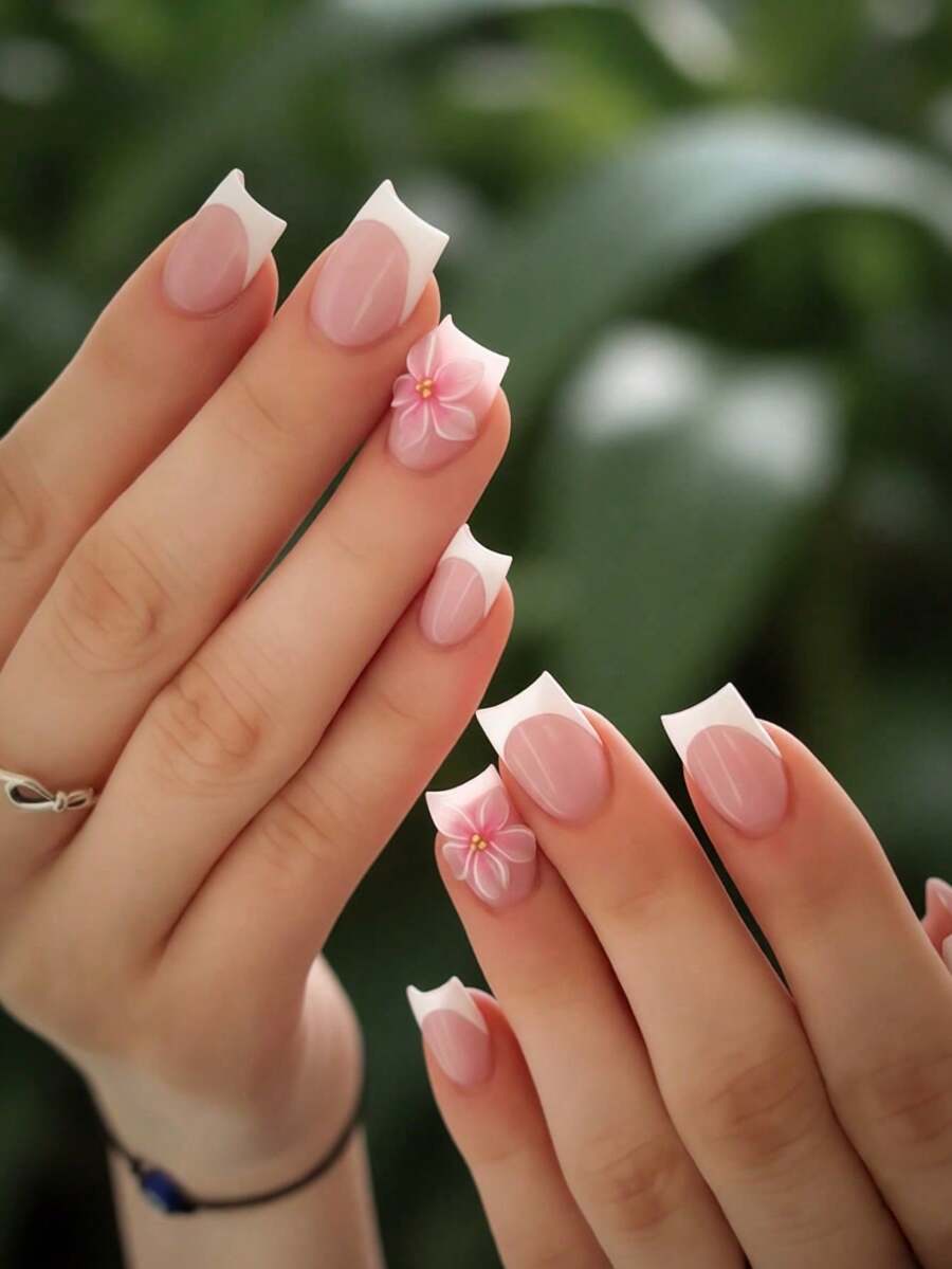 1 PC Y2K Style White Border Flower Nail Wraps Handmade French Square False Nails White French Tip Floral Pattern Sweet Feminine Daily Wear Commute Party Gift For Her Valentine Day Must Have Beauty Accessory