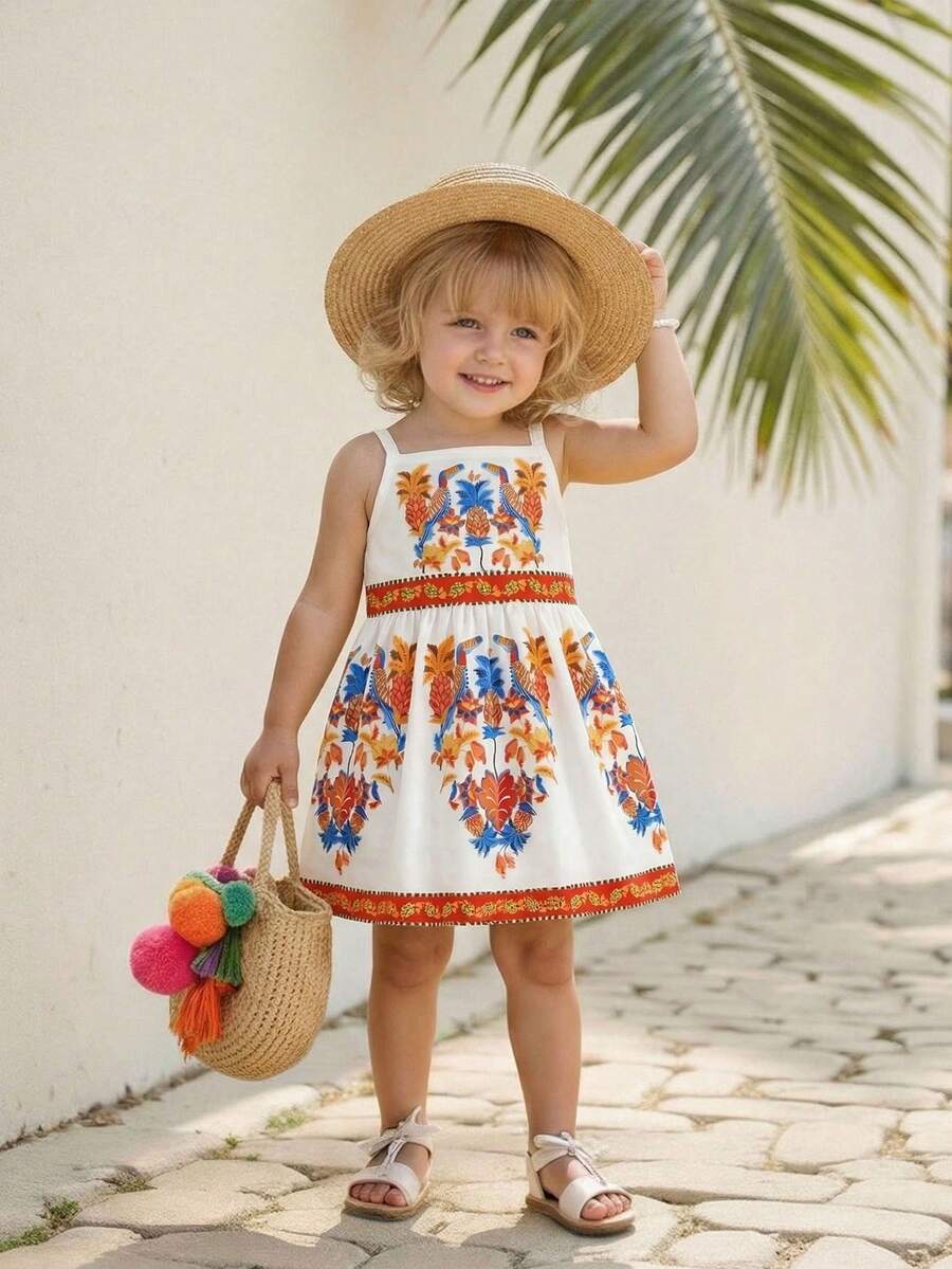 Vestido casual de tirantes con estampado para niñas pequeñas en vacaciones de verano