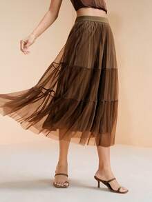 SHEIN Unity Women's Pastal Elegant Girlisim Tulle Skirt, Summer A-Line Tiered Mesh Layered Pleated Hem, Fashionable Resort Vacation Tea Party Golf Outfits - Coffee Brown - View 4