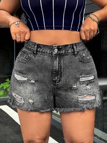 SHEIN ICON Plus Size Women's Distressed Pocket Washed Denim Shorts - Light Grey - View 3