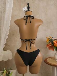 Bonvoyette 三件套，纯色特殊纹理面料金色圆盘装饰三角上衣、高衩泳裤和连衣裙，性感女士泳装套装，春夏款 - 黑色 - 查看 7