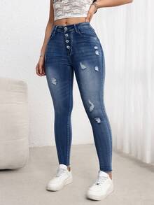 SHEIN ICON 女士纽扣前袋做旧修身牛仔裤 - 藍色 - 查看 7