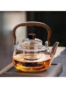 1pc High Borosilicate Glass Teapot, Heat-Resistant Glass Kettle With Walnut Wood Handle, Includes Glass Filter, Suitable For Home And Office Use, Great Gift For Parents And Friends - Multicolor - View 5