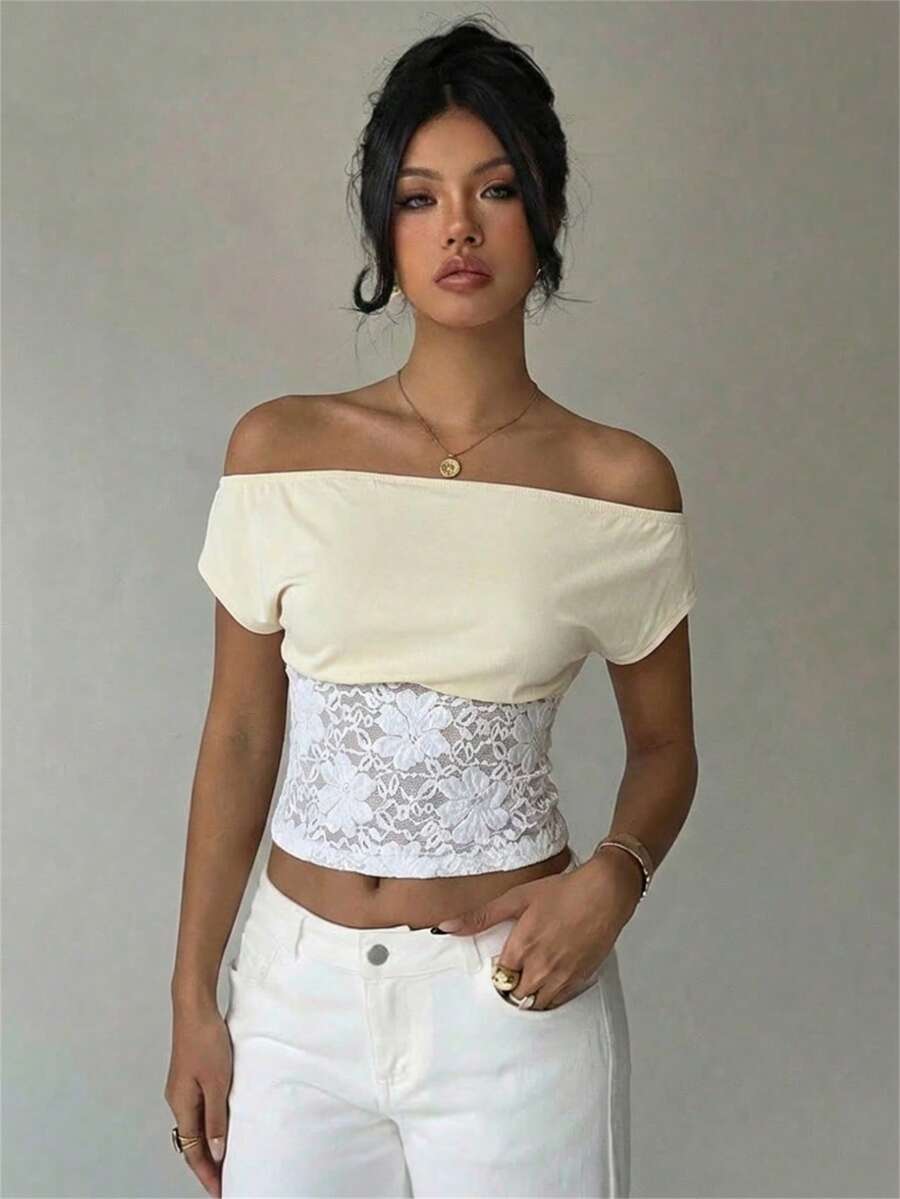 Aloruh 女士性感优雅单肩修身蕾丝拼接纯色上衣 - 杏色 - 查看 1