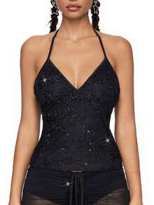 ROMWE Fairycore 夏季時尚網眼亮片刺繡花藤騎頸上衣 - 黑色 - 查看 2