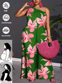 SHEIN CURVE+ 大码女式度假梭织舒适绿色和红色花卉数码印花无袖连体裤，性感优雅，适合各种场合，如假期、毕业季、返校季、正式活动、派对、约会和情人节。 - 綠色 - 查看 1
