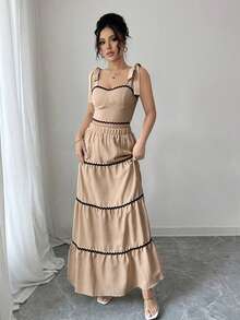 SHEIN Raffinéa 女士优雅无袖上衣和迷你裙套装 - 卡其色 - 查看 6