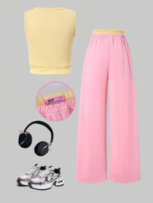 2pcs/Set Girls' Letter Embroidered Vest Top And Wide Leg Sweatpants,Pink Summer Casual Gym Sports & Casual Style For Vacation Gatherings - Yellow - View 2