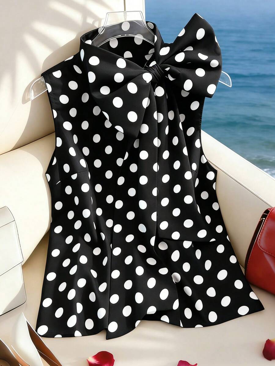 时尚优雅立领系带无袖蝴蝶结波点印花宽松衬衫，适合大码女性，春夏款 - 黑色 - 查看 1