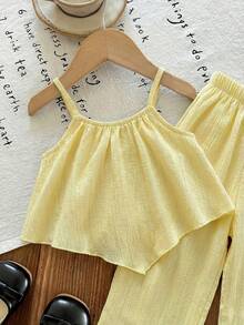 SHEIN LMoss Kids Bộ 2 món áo hai dây và quần dài dệt kim màu trơn cho bé gái - Màu vàng - Xem 5