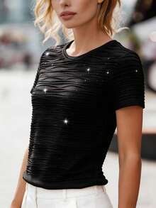 Balvessa Black Textured Shiny Casual Party T-Shirt For Women - Black - View 3