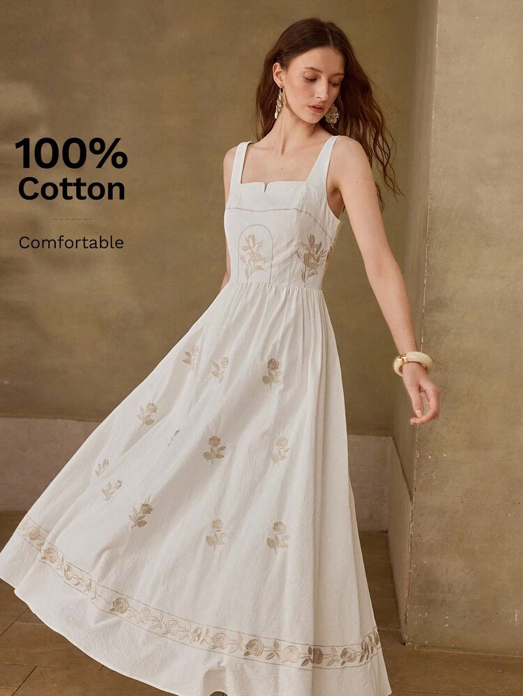 FLORAL EMBROIDERED SQUARE NECK DRESS, SWEET PASTORAL JACQUARD A-LINE DRESS FOR WOMEN