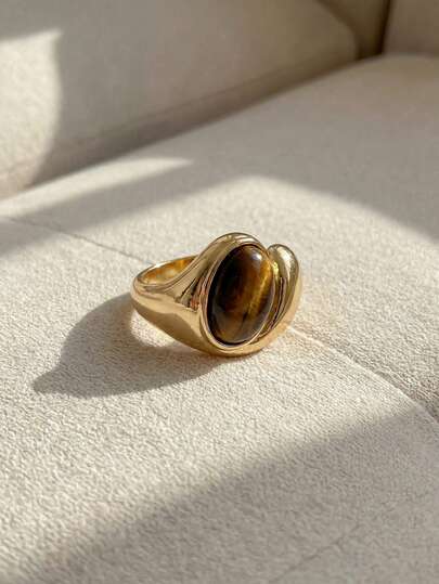 Resyla 1pc Natural Tiger Eye Stone Decorated Metal Chunky Ring, For Women