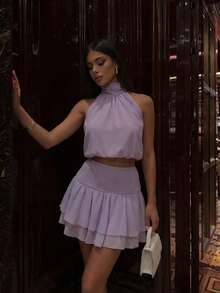 Radiana 2pcs/Set Elegant Lilac Purple Chiffon Outfit,Summer Girly Vacation Ruffle Backless Top & Ruffled Mini Skirt, Women's Summer Co Ord Dress Set - Purple - View 5