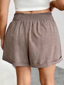Enliva Pink And Grey Sommar Smart Casual Holiday Plus Size Wide-Leg Shorts,Tummy Control Stretch-Waisted Loose-Fitting Shorts For Apple And Rounded Shape - Khaki - View 2