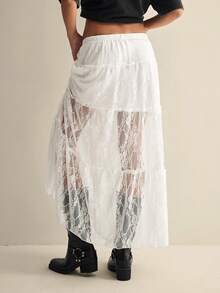 Easelle Pastal Lace Elastic Waist Skirt For Women, Flower Summer Boho Girlisim Picnic Holiday Festival,Casual Long Western Country Concert Music Golf - White - View 6