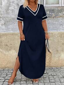 Breezaya Plus Size Women V-Neck Short Sleeve Casual Side Slit Hem Loose Dress - Navy Blue - View 4