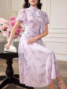 Modelyn Đầm xòe in họa tiết, xếp ly, thắt eo dành cho nữ - Màu tím hoa cà - Xem 5