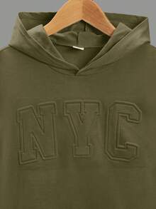 Tween Boy Letter Embossed Knit Short Sleeve Casual Hoodie T-Shirt - Army Green - View 7