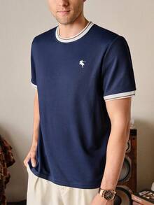 VeloEdit Navy Blue Color Men's Contrast Color Short Sleeve T-Shirt, Suitable For Home, Outing, Office Wear Navy Men's T Shirt Navy Blue Top Men Men Casual Top Old Money - Royal Blue - View 8