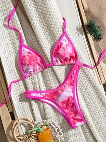 Swim Vcay 2026 New Spring/Summer Women 2pcs/Set Random Printed Striped Triangle Bikini Bottoms Beach Vacation Casual Sexy Swimwear Set Golf White - Pink - View 1