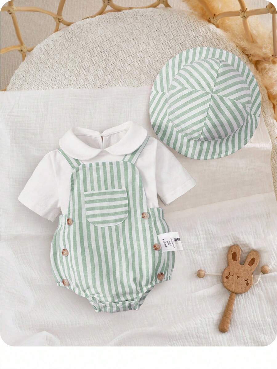 SHEIN 3pcs Newborn Baby Casual Simple Short Sleeve Top And Striped Button Pocket Romper + Hat Set - Mint Green - View 1
