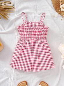 Mommy & Me Cute Plaid Bow Strap Romper For Summer - Hot Pink - View 3