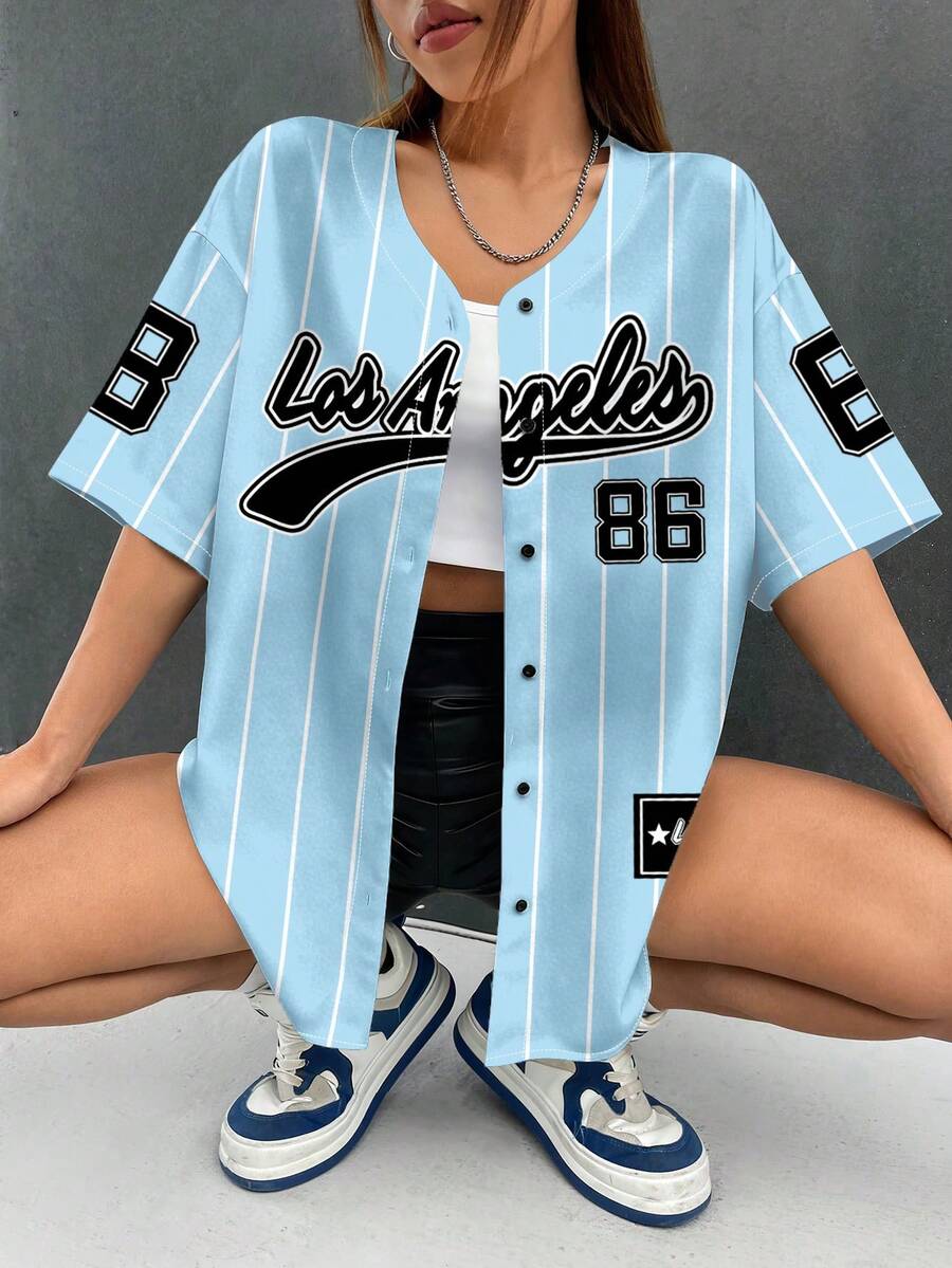 SHEIN EZwear Women Loose Open Front Short Sleeve Shirt Baseball Jacket, Suitable For Summer,Summer Top - Baby Blue - View 1