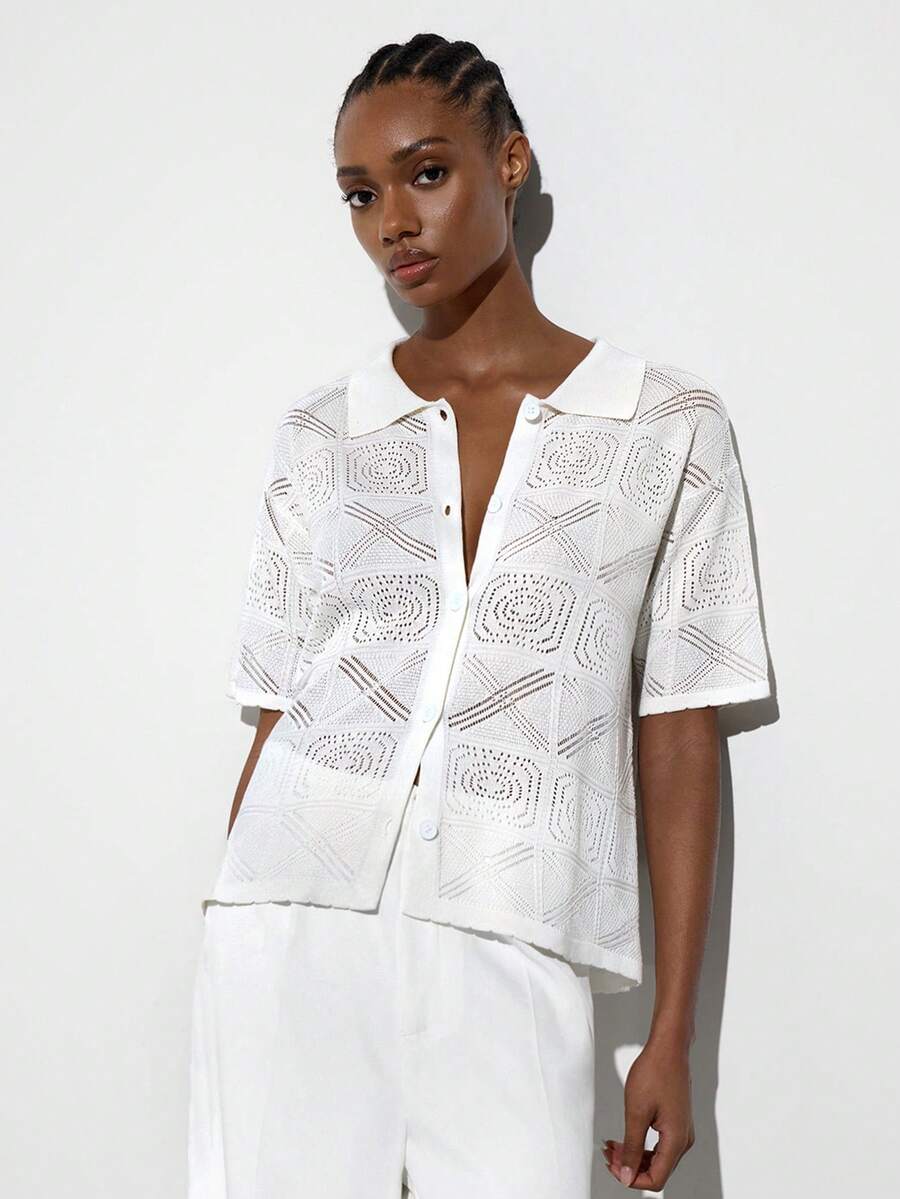 MAIJA 几何镂空针织 Polo 领纽扣前襟上衣 - 白色 - 查看 1