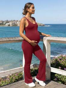 SHEIN Maternity Solid Color Sports Camisole Jumpsuit,Word Cup - Burgundy - View 10