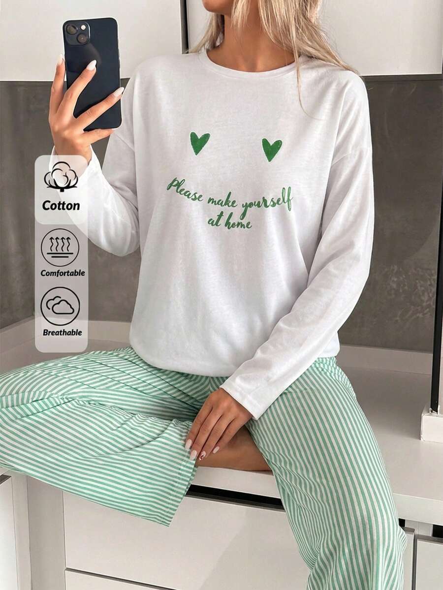 WovenCharm Women's Drop Shoulder Love & Slogan Printed Pajama Set - Green - View 1