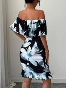 Selianne Đầm ôm sát in họa tiết nhiệt đới, trễ vai, viền bèo nhún, xếp ly, thích hợp cho kỳ nghỉ biển, trang phục nữ. - Nhiều màu - Xem 2