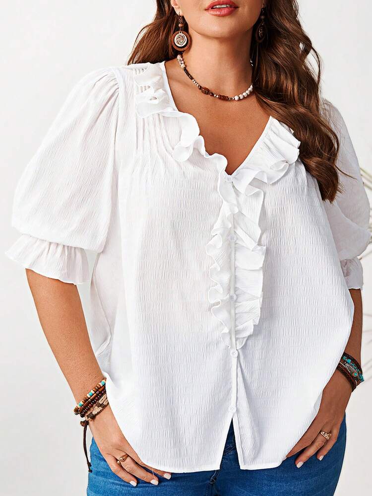 Plus Size Women V-Neck Ruffle Trim Casual Short Sleeve Blouse, Summer Outfit For Women,Spring Outfit Women,Vacation Outfits Women,Country Concert Outfit,Country Outfits For Women,Summer Holiday Outfits,Casual Blouse For Women,White Top,White Shirt Blouse For Women Casual Elegant Women's Tops And Blouses Plus Size Tops For Women Women's Shirts For Summer Blouse With Ruffles White Blouse For Women Ruffle Trim Blouse Casual Elegant Tops Blouse With Puff Sleeves