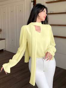 Modelyn French Elegant Ribbon Decor Long Sleeve Blouse, Slimming & Graceful, Autumn, Pink - Yellow - View 5