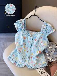 GlowEve 女款 2026 春夏新款碎花刺繡印花荷葉邊裝飾短袖度假襯衫 - 淺藍色 - 查看 4