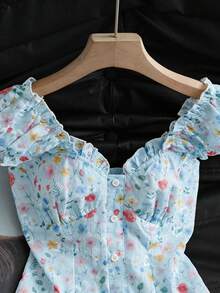GlowEve 女款 2026 春夏新款碎花刺繡印花荷葉邊裝飾短袖度假襯衫 - 淺藍色 - 查看 8