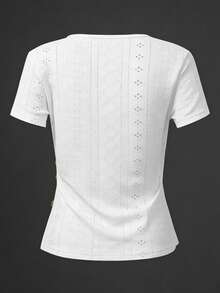 Selamara Camiseta ajustada de envolver de unicolor casual para mujer, verano - Negro - Ver 2