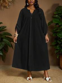 SHEIN CURVE+ 2025 Nouvelle robe d'été blanche décontractée à revers roulés et ample, polyvalente et minimaliste pour tous les jours. Robe d'été pour femme, tenue de plage, robe de plage, tenue de vacances à la plage, tenue de remise de diplôme, robe de garden-party, tenue d'été, tenue de campagne, tenue de vacances à la plage - Noir - Voir 5