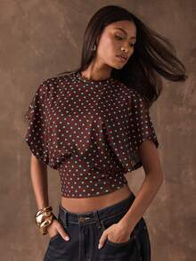 SHEIN BAE Áo thun nữ kiểu dáng thường ngày, tay cánh dơi, thắt eo, họa tiết chấm bi, thích hợp cho mùa hè. - Màu nâu Sô-cô-la - Xem 7