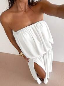 SHEIN BAE Lässiges, sexy, einfarbiges, locker tailliertes Kleid mit Schlitz, geeignet für Urlaub, Strandreise, Strandresort, Party, Cocktailparty, hellblaues Kleid, langes blaues Kleid, elegantes Kleid - Weiss - Übersicht 4