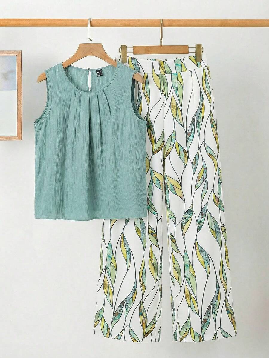 SHEIN Clasi 优雅女士纯色纹理褶皱上衣和花朵阔腿裤套装 - 綠色 - 查看 1