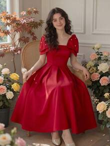 Pitira Trang phục trẻ em, váy đỏ trơn thanh lịch cho bé gái tuổi teen, được dệt kim với hạt ngọc trai, nơ trang trí và chân váy xòe, phù hợp cho đám cưới, tiệc tùng, sinh nhật và các buổi họp mặt. Váy dạ hội đỏ, váy đỏ thường ngày, váy đỏ nữ, váy đỏ cho dịp đặc biệt, váy đỏ cho các sự kiện đặc biệt, trang phục đỏ thanh lịch. - Đỏ - Xem 3