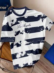 Manfinity Joysei 男士圆领短袖条纹休闲T恤，适合日常穿着，夏季百搭 - 彩色 - 查看 1