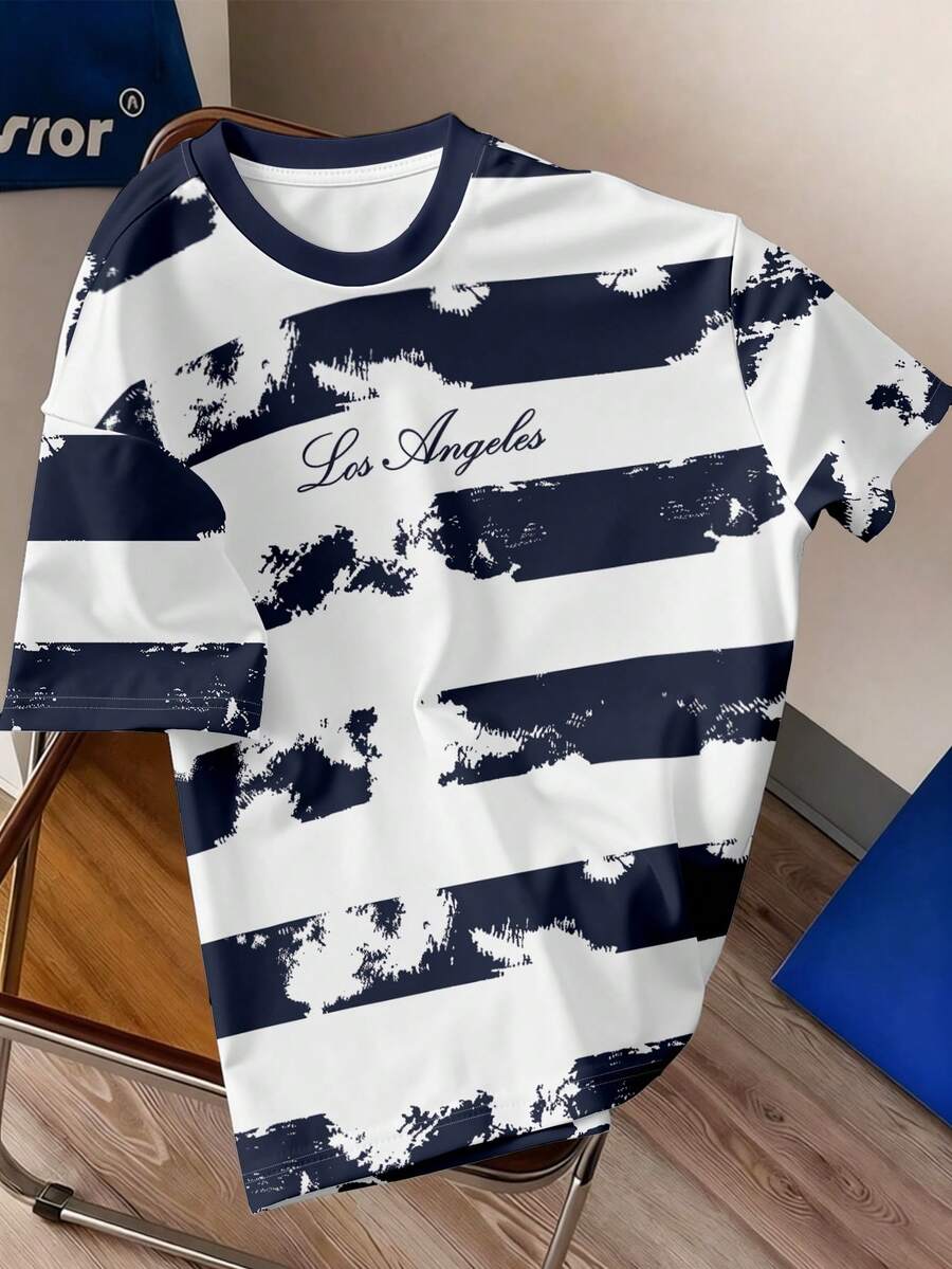 Manfinity Joysei 男士圆领短袖条纹休闲T恤，适合日常穿着，夏季百搭 - 彩色 - 查看 1