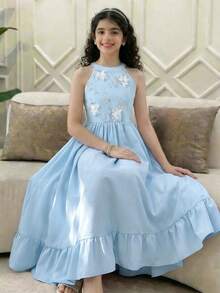 SHEIN Tween Girl Floral 3D Decor Ruffle Hem Halter Neck Dress - Blue - View 6